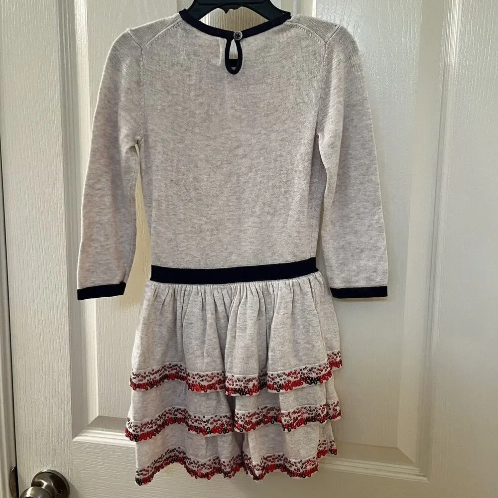 Mini Boden Tiered Ruffle Sequin Bow Sweater Knit Dress Christmas Girls Size 4-5